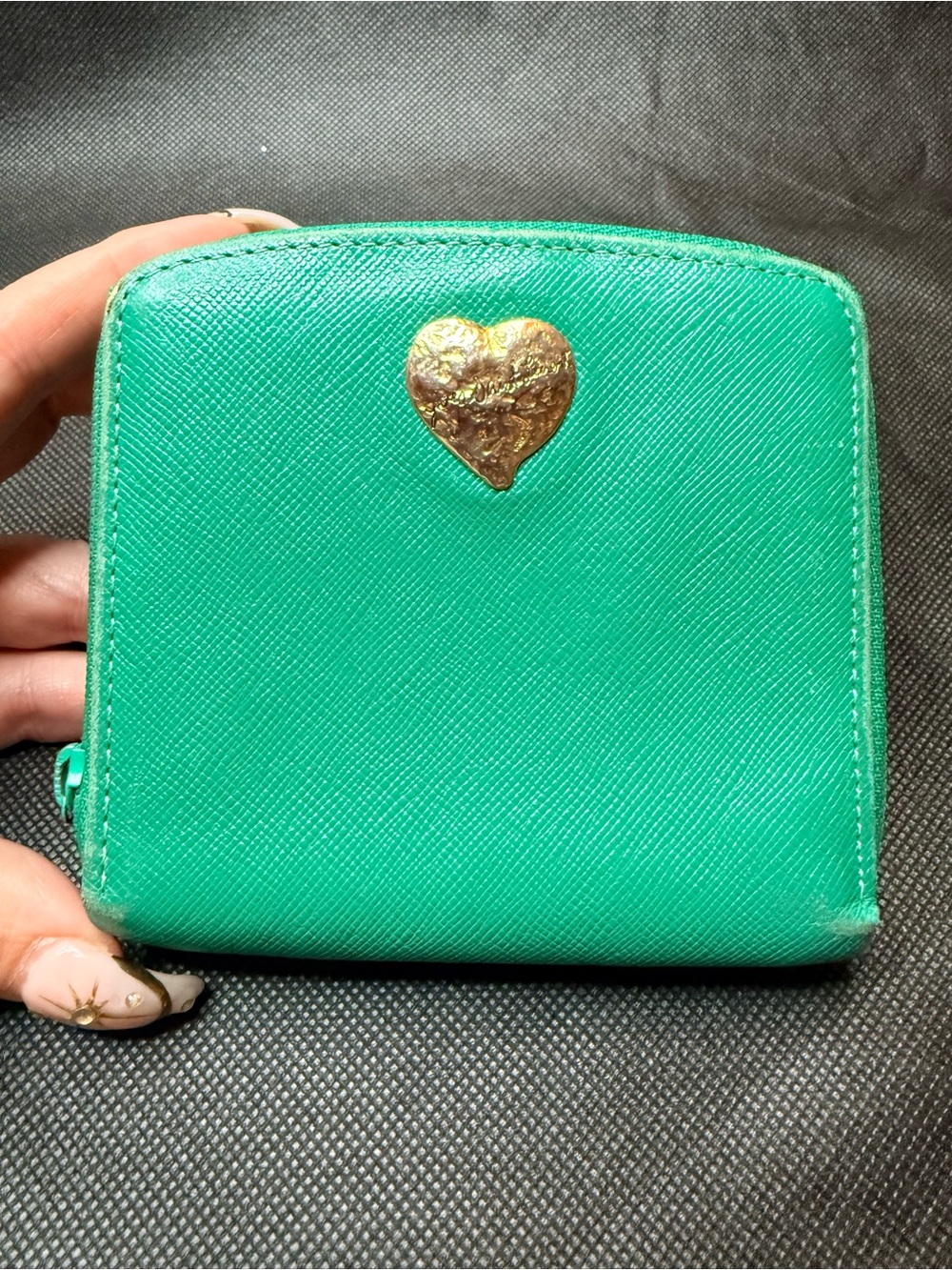 Yves Saint Laurent teal Zip Wallet with Gold Heart